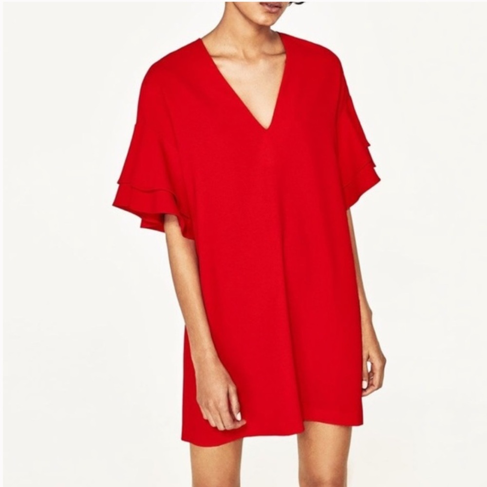 ZARA | Double Ruffle Sleeve Short Sleeve Shift Dress Red S
